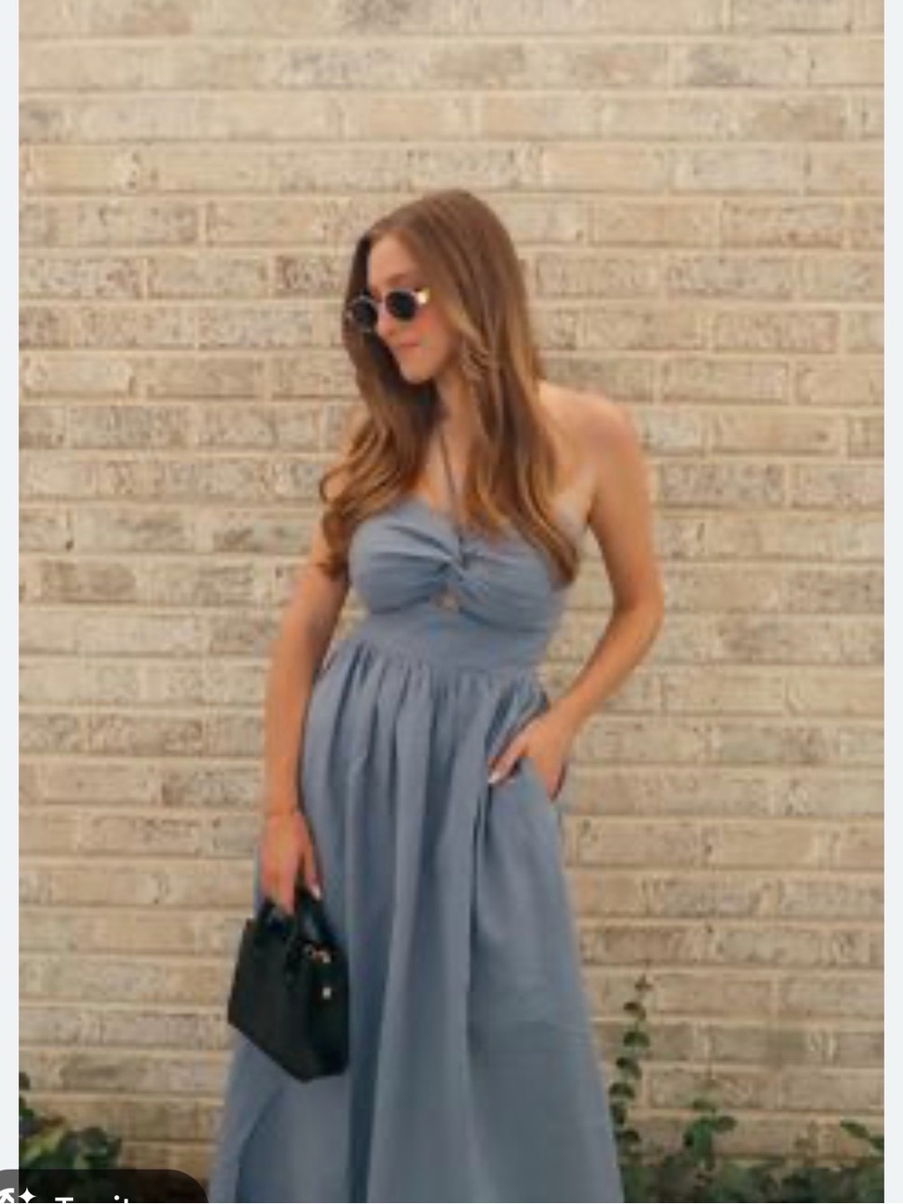 Miou muse Strapless Twist-Front Maxi Dress in Dusty Blue